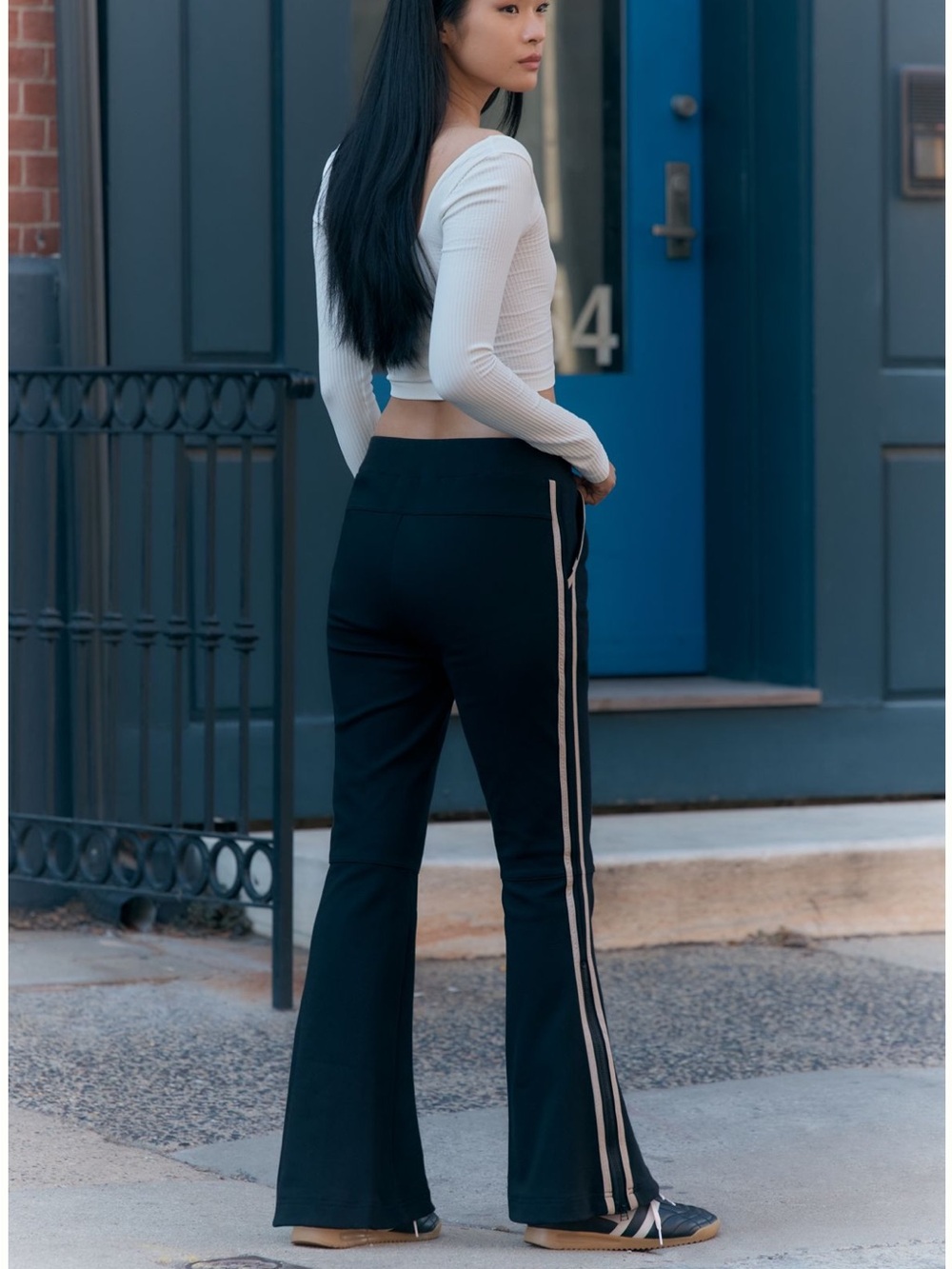 Anthropologie Black Flare Pants with Cream Side Stripes